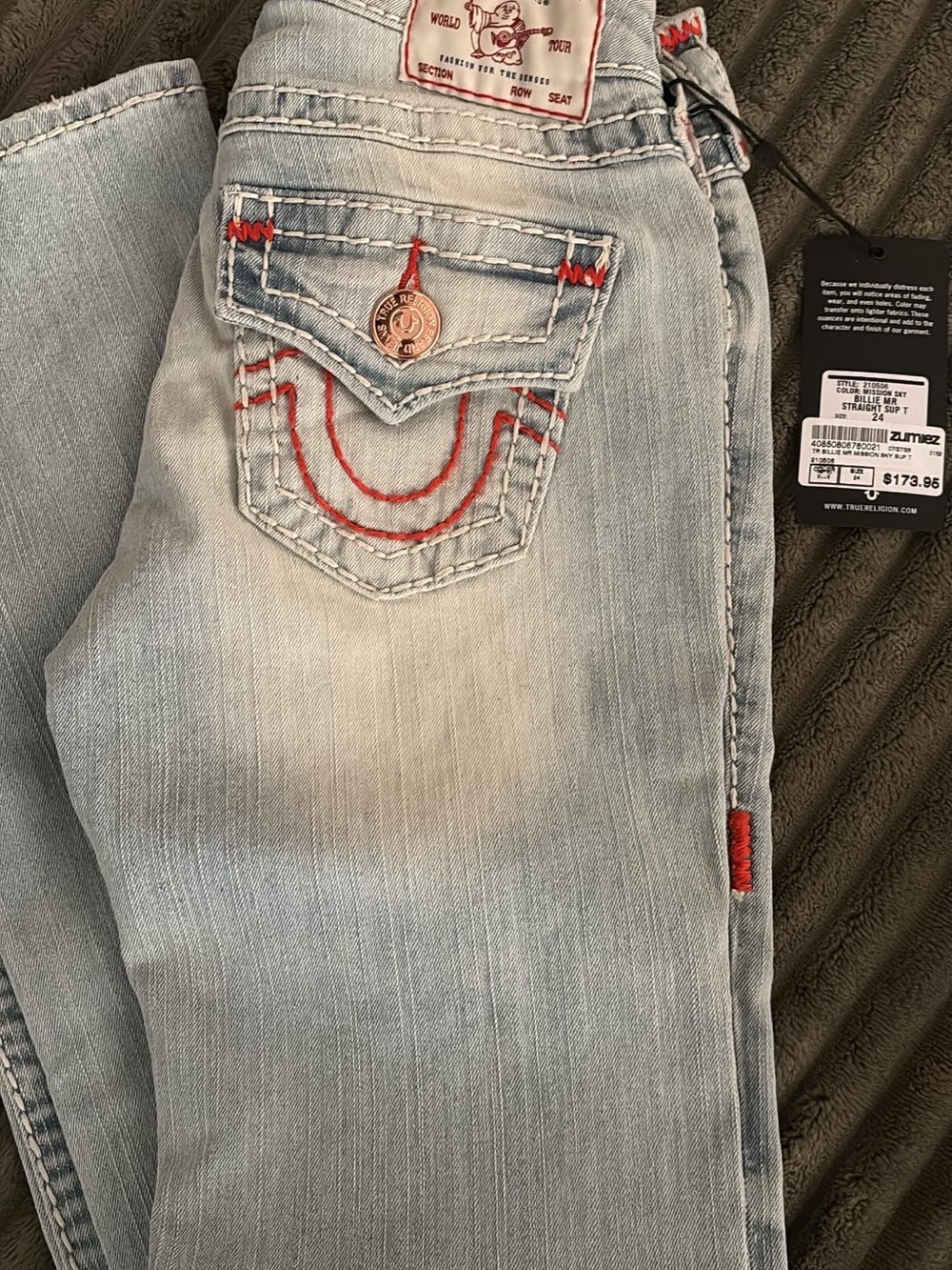 True Religion Women’s Light Wash Straight Leg Jeans with Red Stitching
